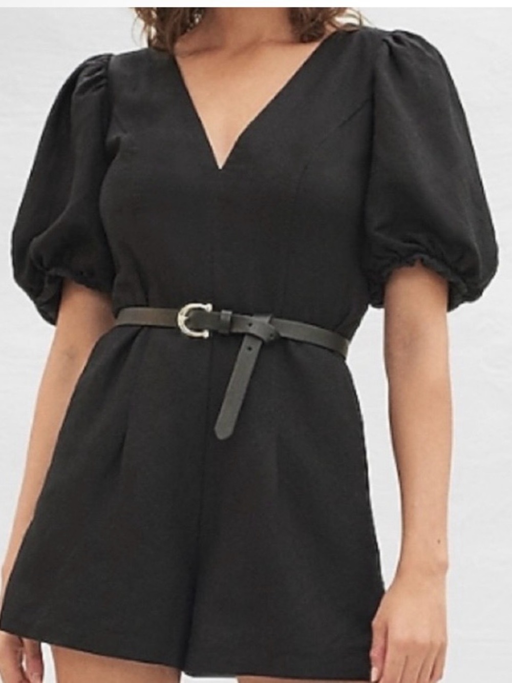 Express Black V-Neck Puff-Sleeve Linen Blend Romper
